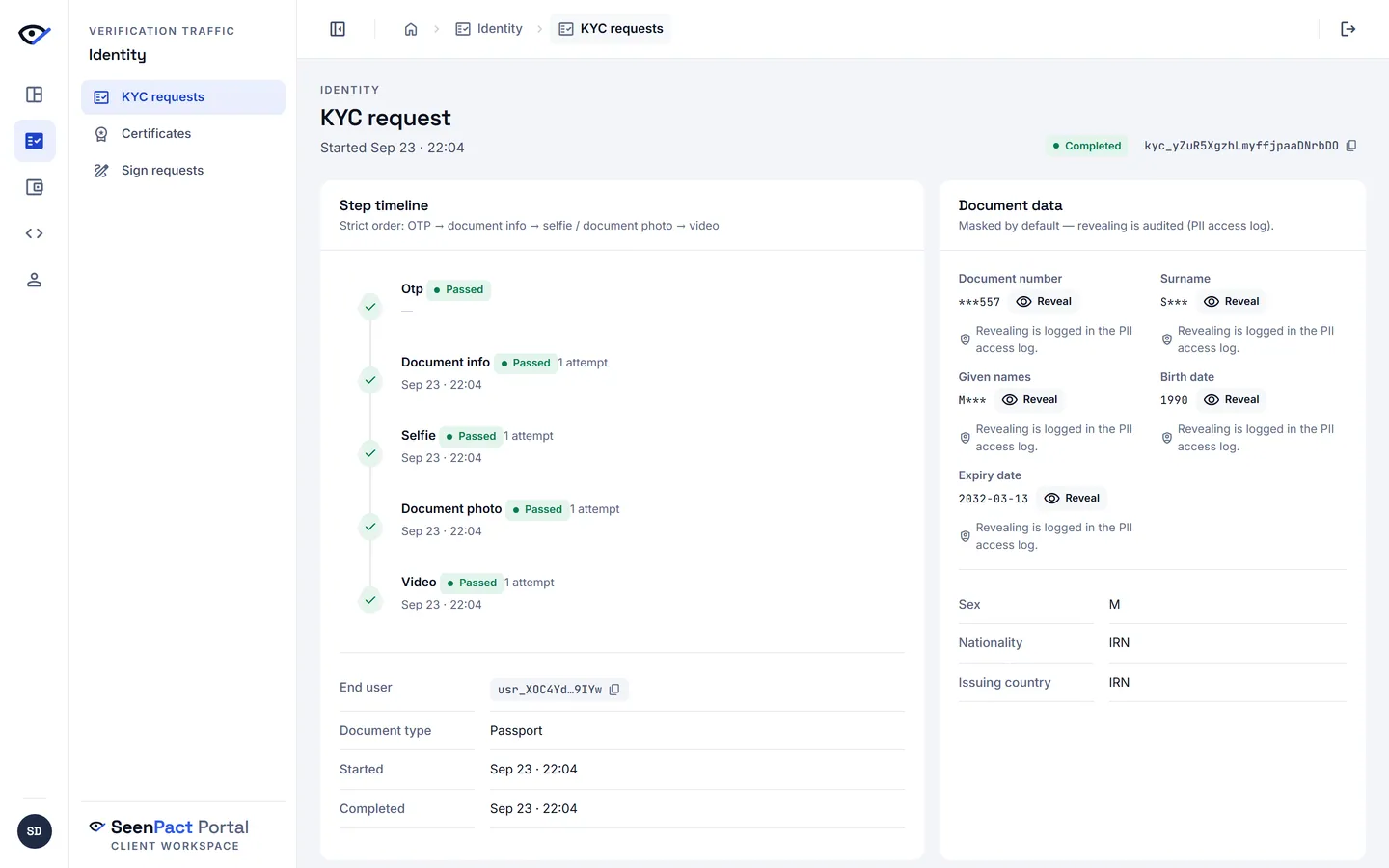 Company portal — a completed KYC request: every step passed with timestamps, and the collected document data masked behind an audited reveal