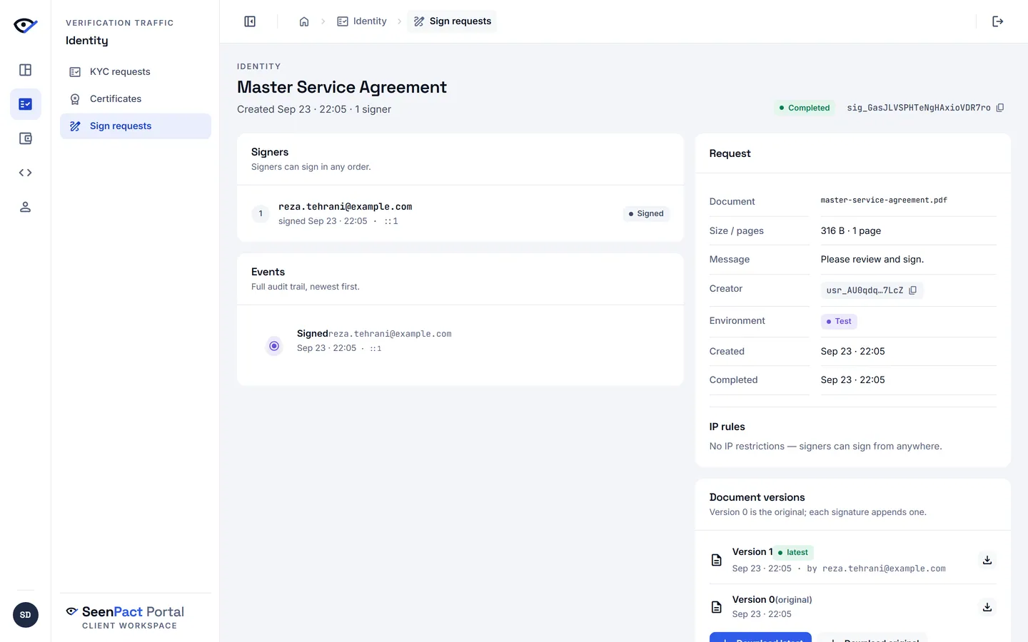 Company portal — a completed sign request: signer progress, the full audit trail and every document version, ready to download