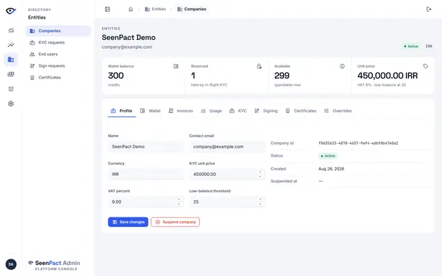 Company 360 — Company 360 brings a tenant's wallet, pricing, profile, usage, KYC, signing and certificates together on a single tabbed page.