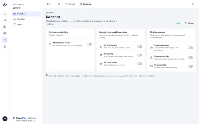 Control center — The control center exposes audited platform switches — maintenance mode, kill switches and pipeline pauses — broadcast to every admin in real time.