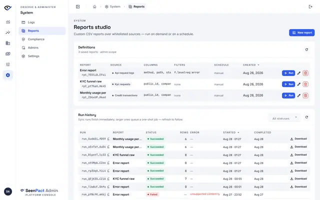 Reports studio — Reports studio builds custom CSV reports over whitelisted sources, run on demand or on a schedule, with a full run history.