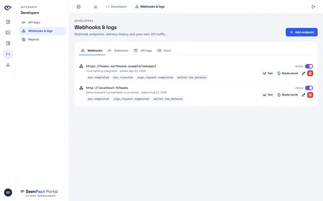 Webhooks — Developers manage webhook endpoints and subscribed events, send test pings, inspect delivery history and browse their own API traffic.