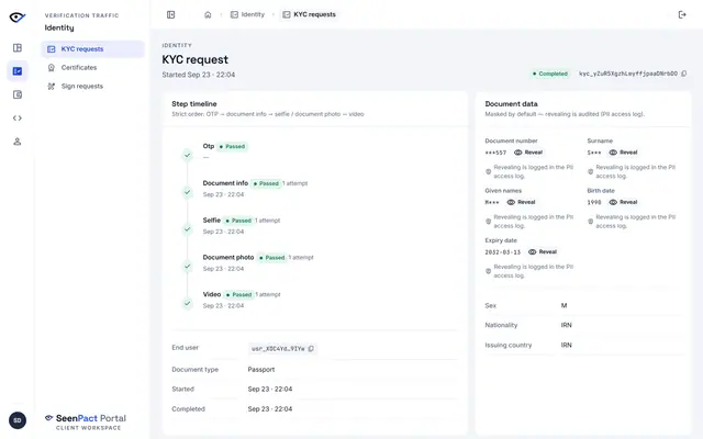 Step timeline & retries — A completed verification from the partner's side: every step passed with timestamps, and the collected document data masked by default with an audited reveal.