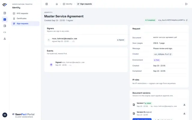 E-signing — A completed sign request: signer progress, the full audit trail and every document version, ready to download.